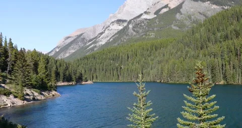 Beautiful view of Two Jake Lake in Banff National Park in Alberta Stock Footage 252462237