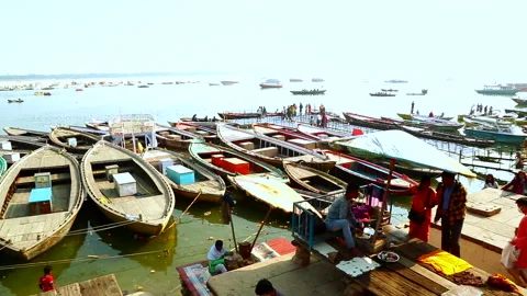 Beautiful View of  Water boat In Holy River Ganga at Dashashwamedh Ghat Varanasi Stock Footage