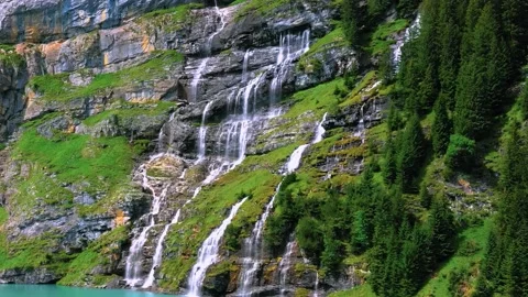 Beautiful view of waterfall and streams flowing and falling down. Stock Footage 154465728