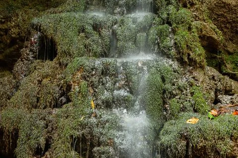 Beautiful view of a Waterfall stream falling over green moss Stock Photos