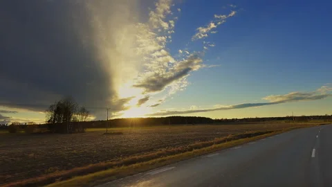 Beautiful view while driving through Scandinavian Autumn Landscape in Sun Stock Footage 141397306