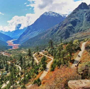 Beautiful view of the zig zag road passing through the mountain range Stock Photos