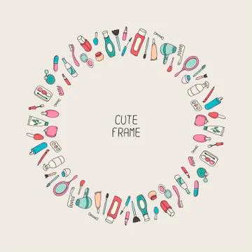 Beautiful vintage frame of cosmetics elements and beauty products. Cute wreath Stock Illustration