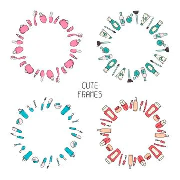 Beautiful vintage frame of cosmetics elements and beauty products. Cute wreath Stock Illustration