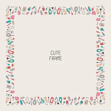 Beautiful vintage frame of cosmetics elements and beauty products. Cute wreath Illustrazione stock