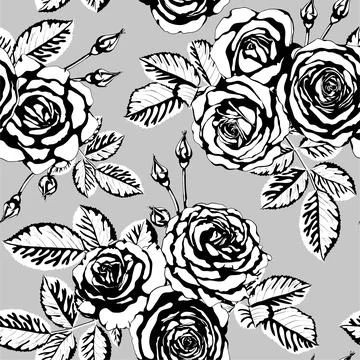 Beautiful vintage seamless pattern with black and white bouquets of roses b.. 스톡 일러스트