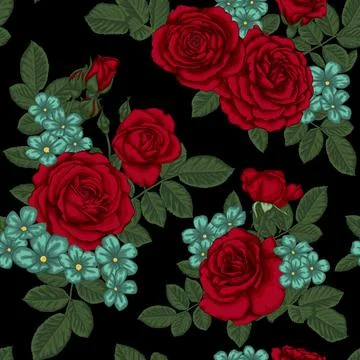 Beautiful vintage seamless pattern with bouquets of red roses and leaves. Stock Illustration
