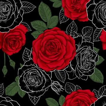 Beautiful vintage seamless pattern with red, black and white roses. design gr Stock Illustration