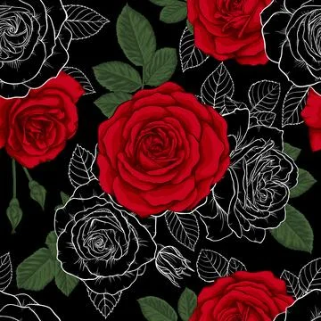 Beautiful vintage seamless pattern with red, black and white roses. design .. イラスト素材