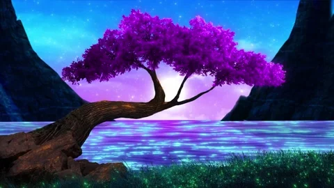 Beautiful violet Tree by river and mountains at sunrise landscape Stock Footage 306401854