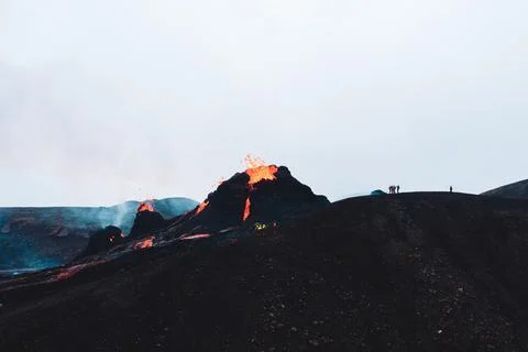 Beautiful Volcano in Iceland Geldingadalur hot glowing red lava, Day time Stock Photos