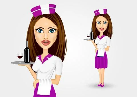 Beautiful waitress holding serving Illustrazione stock
