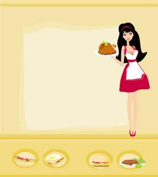 Beautiful Waitress serving a chicken Stock Illustration