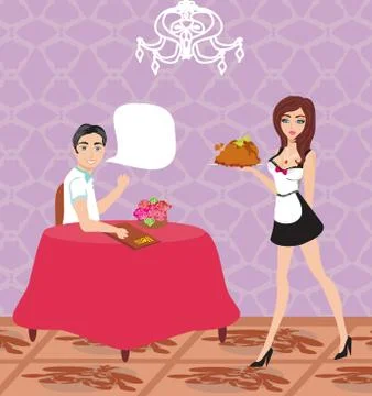 Beautiful Waitress serving a chicken Stock Illustration