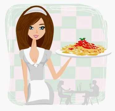 Beautiful waitress with Spaghetti Stock Illustration