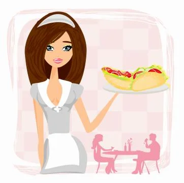Beautiful waitress with a tray. Stock Illustration