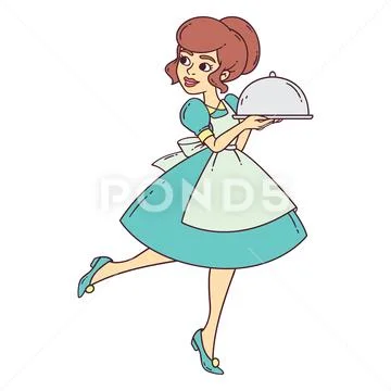 Beautiful waitress with tray. Stock Illustration