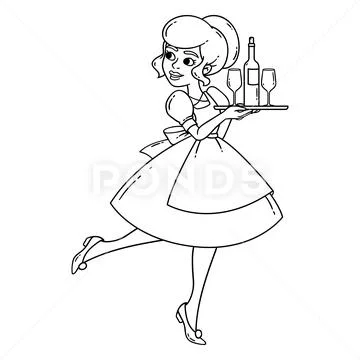 Beautiful waitress with tray. Stock Illustration