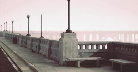 Beautiful walkway with lamp posts along the river at sunrise Stock Illustration