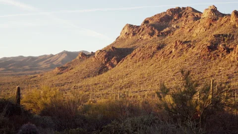 Beautiful warm sunset light at the rocks of Tucson Mountain Park, USA Stock Footage 212863432