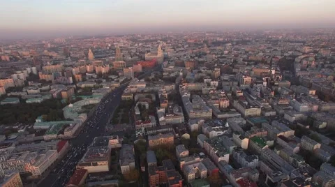 Beautiful warm sunset view from above Moscow city center. Old and modern streets Stock Footage