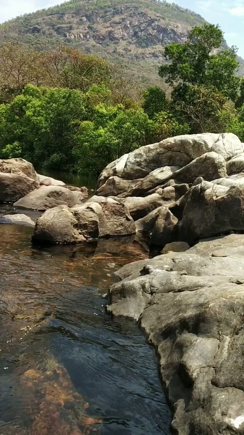 Beautiful water flow between rocks, mountains and trees Stock Footage 127576911