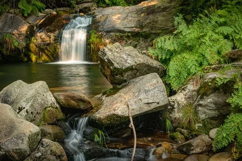 Beautiful water stream in Poo da Cilha waterfall, Manhouce, Sao Pedro do Sul, Stock Photos