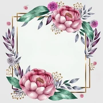 Beautiful watercolor border frame with peony,flower,foliage,branches and Stock Illustration