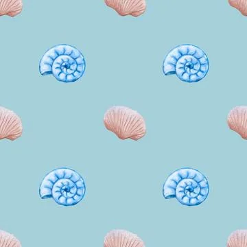 Beautiful watercolor pattern featuring seashells and nautilus on a soft blu.. Stock Photos