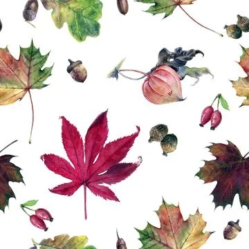 Beautiful Watercolor Seamless Pattern of Autumn Leaves and Acorns, Perfect for Stock Illustration