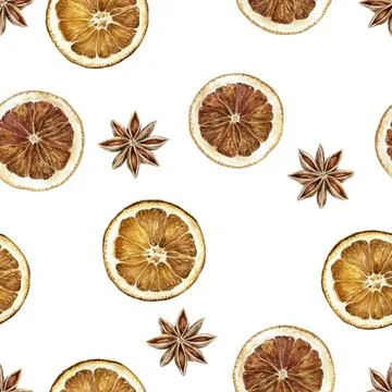 A beautiful watercolor seamless pattern featuring dried citrus slices and star Stock Illustration