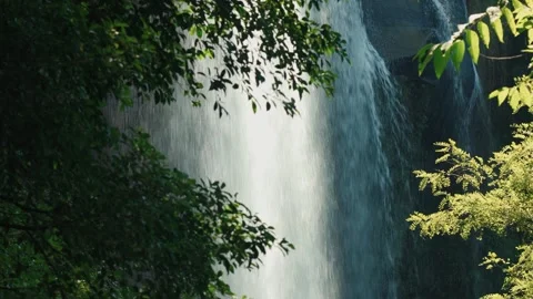 A beautiful waterfall cascading down a rocky cliff surrounded by lush trees Stock Footage 341932914