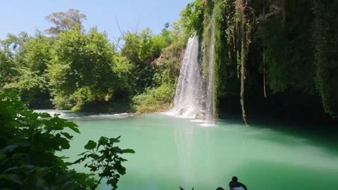 Beautiful Waterfall Cascading into Turquoise Pool with Lush Green Hanging Vines 動画素材 337699532