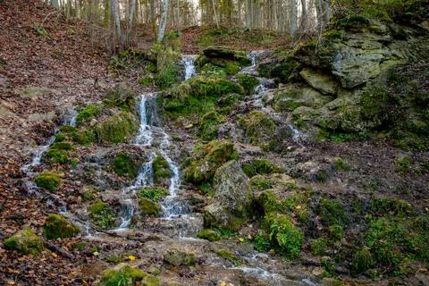 A beautiful waterfall with many sources Stock Photos