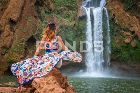 Beautiful Waterfall In Morocco. Back Woman Beautiful Dress Looking Fall Ouzou