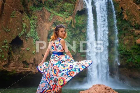 Beautiful Waterfall In Morocco. Back Woman Beautiful Dress Fall Ouzoud Grand