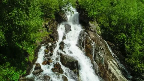 A beautiful waterfall on a mountain slope in the middle of a green forest. Stock Footage 157239930