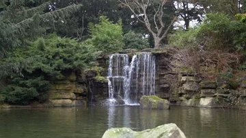Beautiful waterfall over British park and nature lake   Stock Footage 85656964