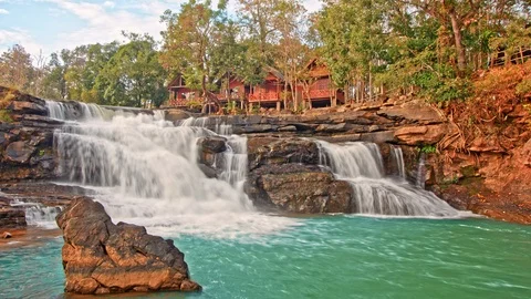 Beautiful waterfall panoramic sunset view seamless loop Stock Footage 101270123