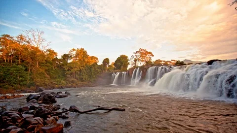 Beautiful waterfall panoramic sunset view seamless loop Stock Footage 101270194