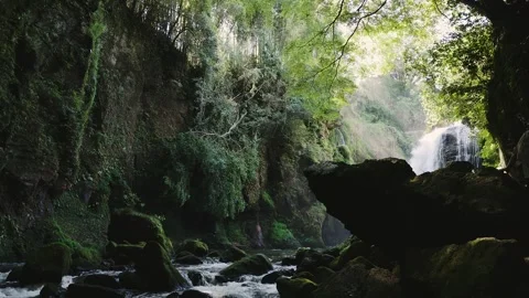 Beautiful waterfall with sun rays in a lush green forest in Oita Vídeos de archivo 336772417