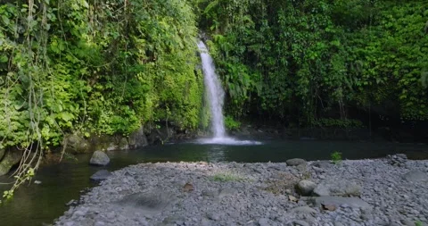 A beautiful waterfall surrounded by a dense green forest Stock Footage 276910925