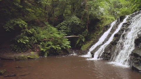 A Beautiful Waterfall Surrounded by Green Tree's and Mossy Rocks Stock Footage 113418061