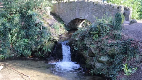 Beautiful waterfall under bridge Stock Footage 129514688