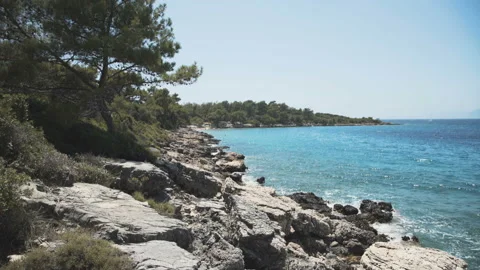 Beautiful wave splasing about stones on mediterranean sea. 4K Stock Footage 92993132