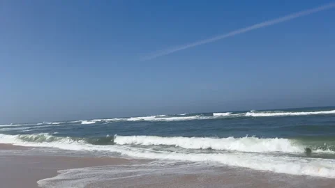 Beautiful Waves on Beach with Clear Sky, Atlantico Ocean Stock Footage 286313486
