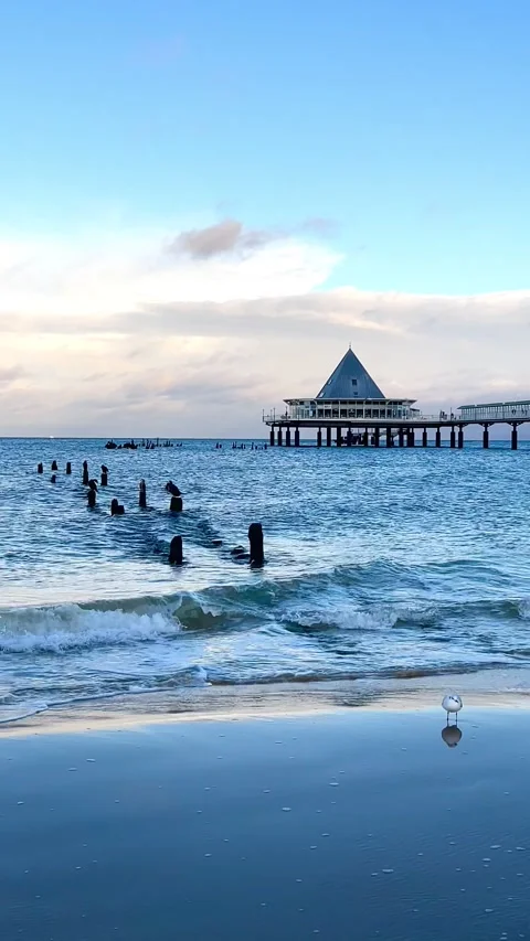 Beautiful waves breaking on a sandy beach near the pier Stock Footage 297613040