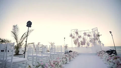 Beautiful wedding area for the wedding decorated with flowers Stock Footage 145332453
