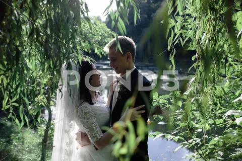 Beautiful wedding couple hugging in the park Stock Photos