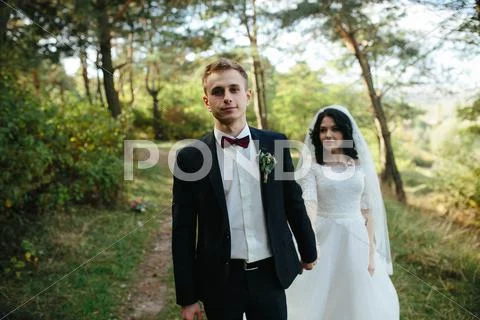 Beautiful wedding couple posing Stock Photos